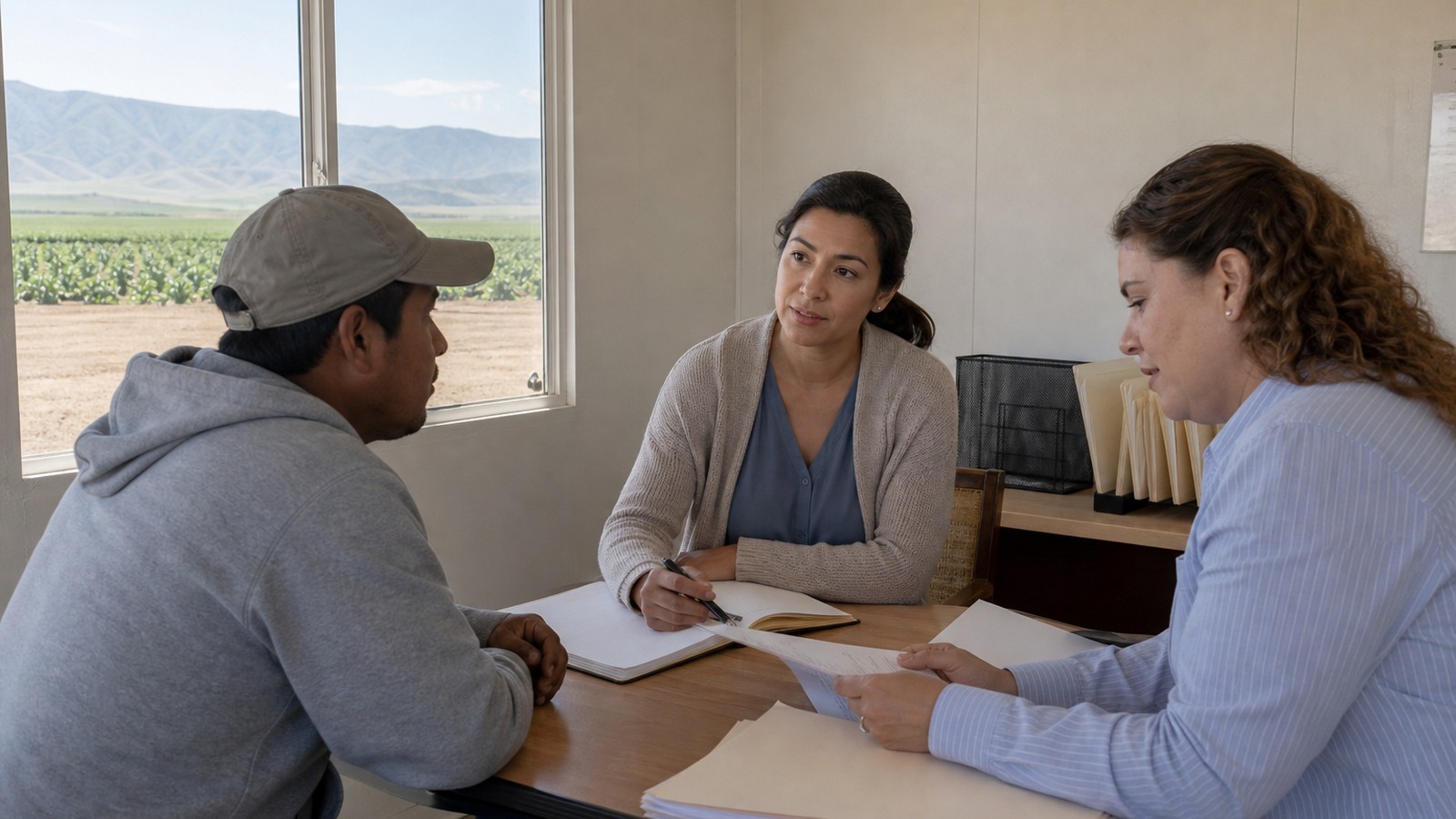 Interpreter helping a farmworker understand a safety training briefing at a California Central Valley farm near Fresno.