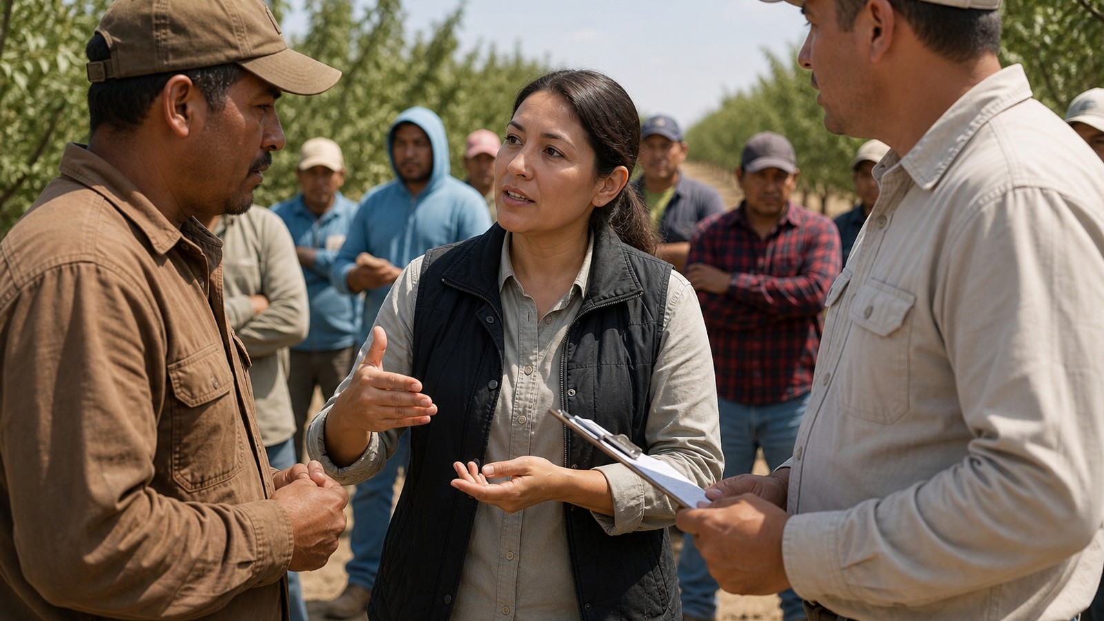  Interpreter assisting a farmworker and HR administrator with paperwork in a California farm office near Fresno