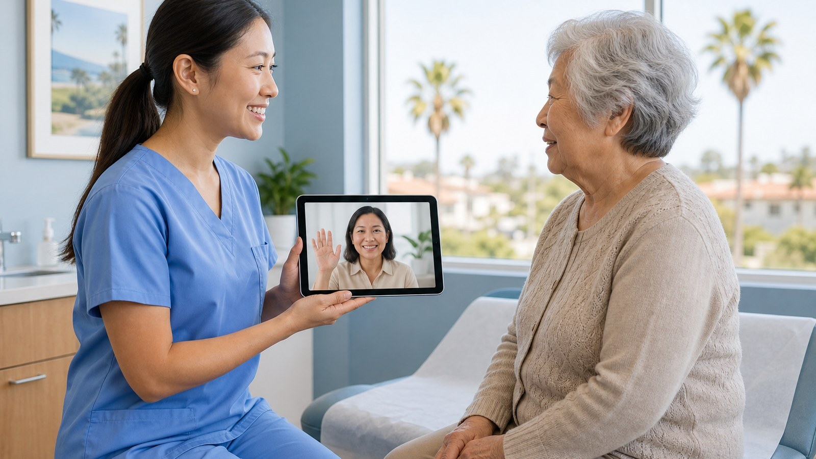 Nurse using a tablet for remote video interpreting with an elderly patient in a California clinic exam room near Irvine