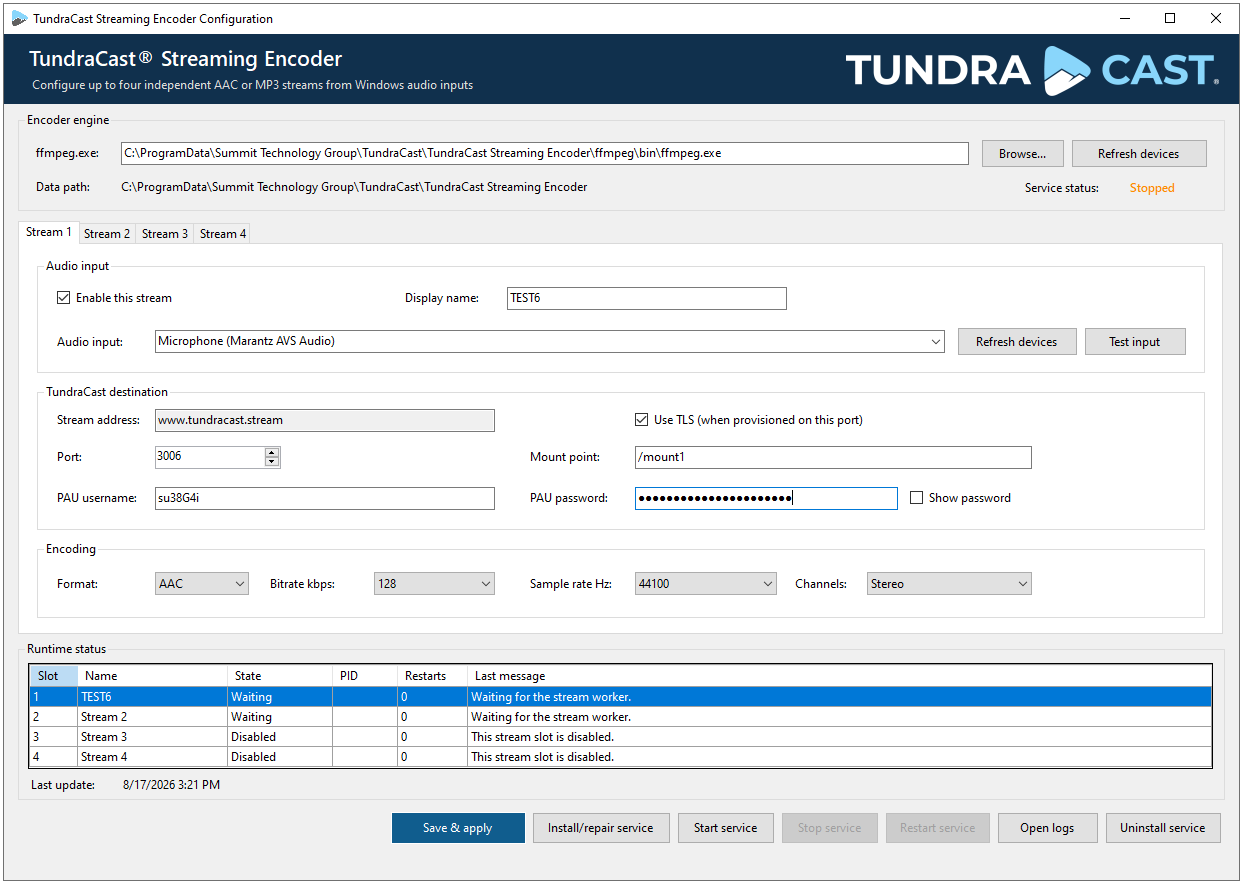 Full TundraCast Streaming Encoder configurator showing engine settings, four stream tabs, audio input, destination, encoding controls, runtime status, and service buttons.