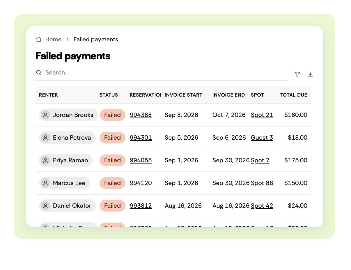 Parkade UI of failed payment table for easy management 