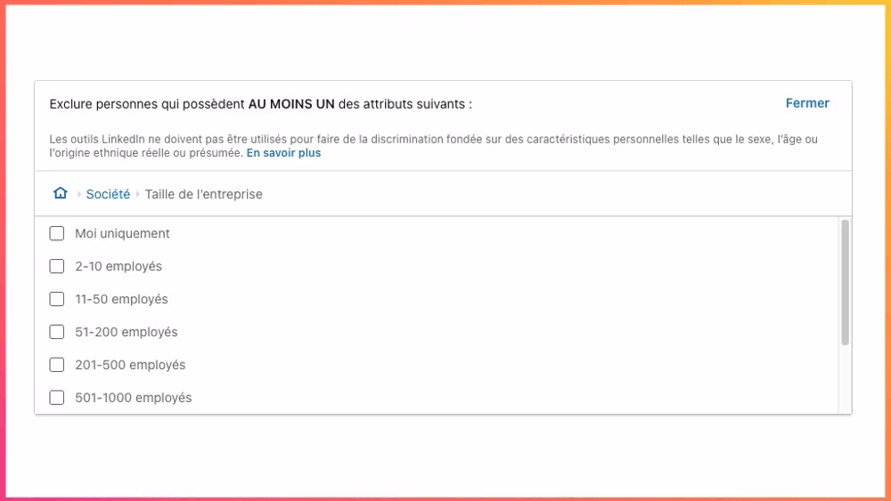 Créer une campagne LinkedIn Ads : définir son audience fonction de la taille de l'entreprise. 