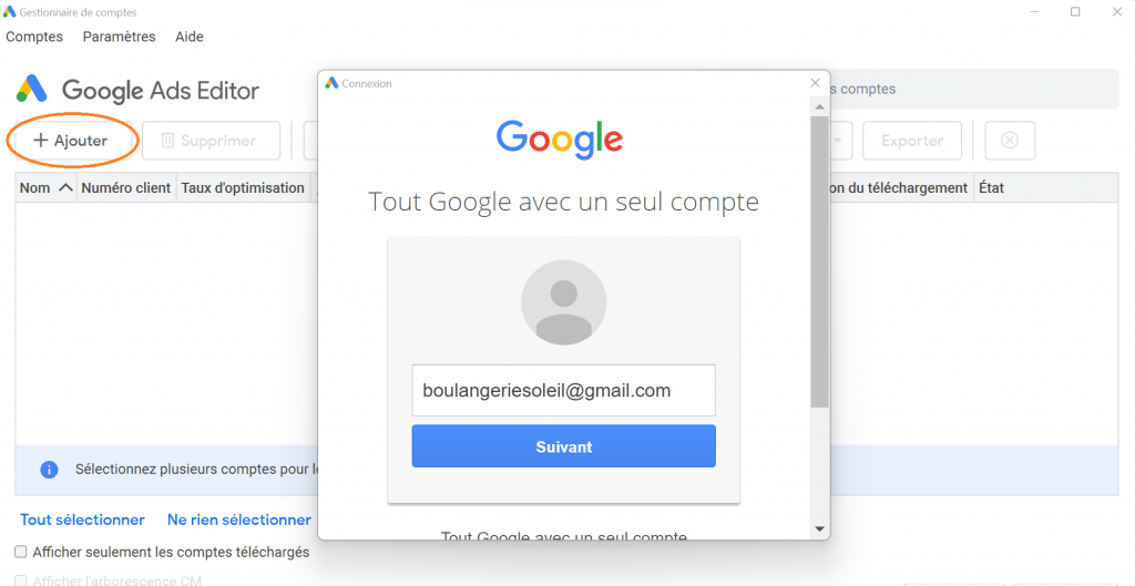 écran de connexion google ads editor 