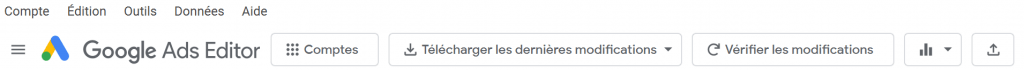 barre d'outils google ads editor