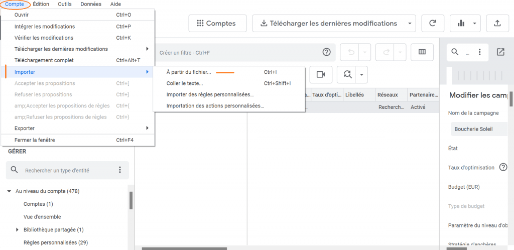 importer un fichier csv dans google ads editor