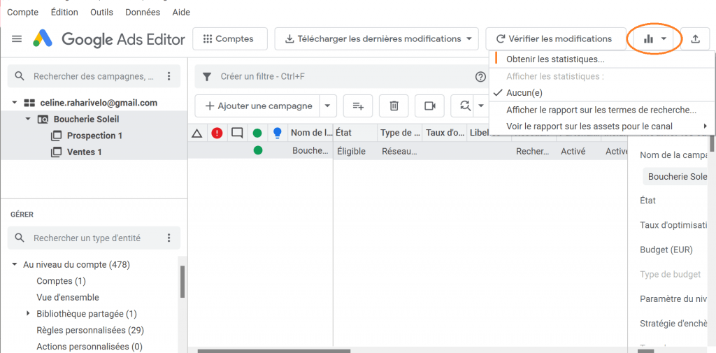 fonctionnalité statistiques googles ads editor