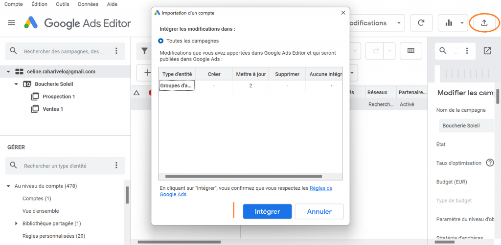 intégrer modifications google ads editor vers google ads