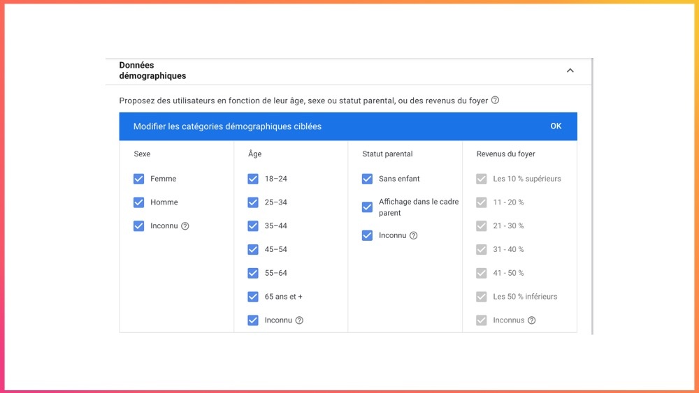Préciser les données démographiques de son audience ciblée pour sa campagne de remarketing Google Ads.