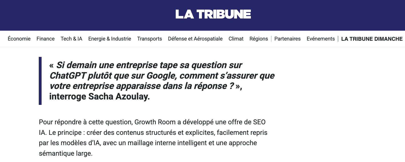 aperçu d'un article de la tribune dans lequel est cité Sacha Azoulay sur le sujet du GEO