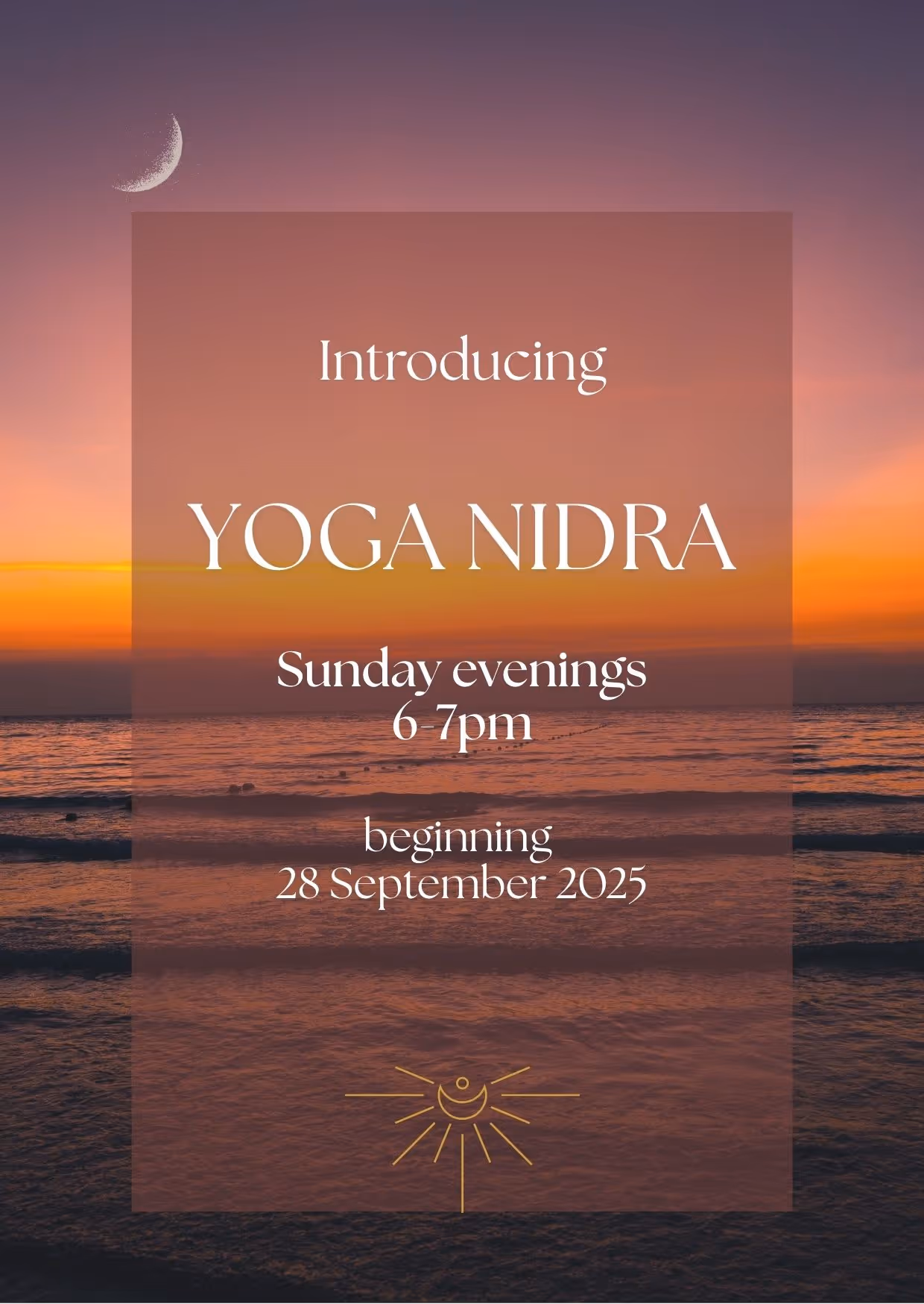 Text over sunset ocean background reads: "Introducing Yoga Nidra, Sunday evenings 6-7pm, beginning 28 September 2025."