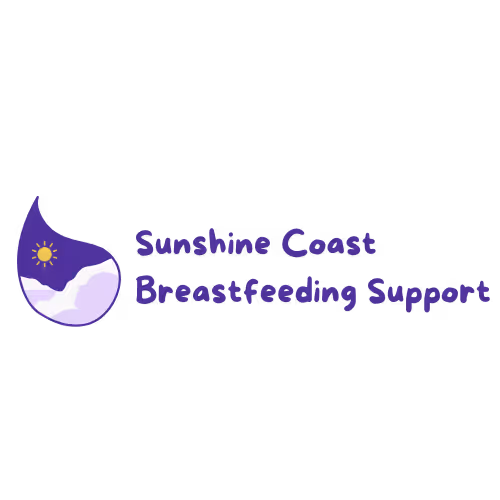 Logo for Sunshine Coast Breastfeeding Support, featuring a purple design with a sun and mountain imagery.