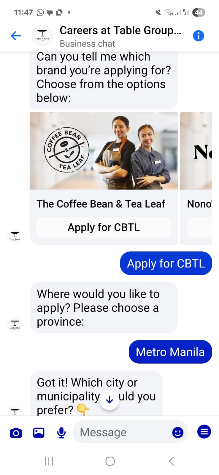 CBTL candidate applying on Messenger