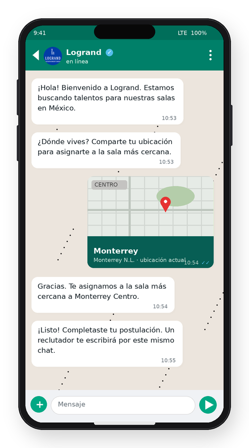 Postulación Logrand por WhatsApp — ubicación y ruteo a sala