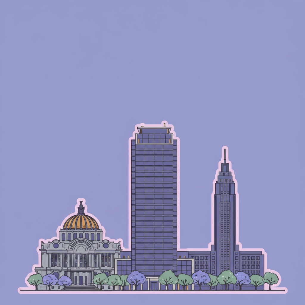 Ilustración del Hilton Reforma entre el Palacio de Bellas Artes y la Torre Latinoamericana, con jacarandas en flor