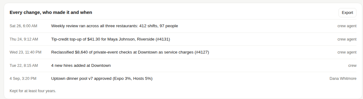 Audit log for payroll, desktop view