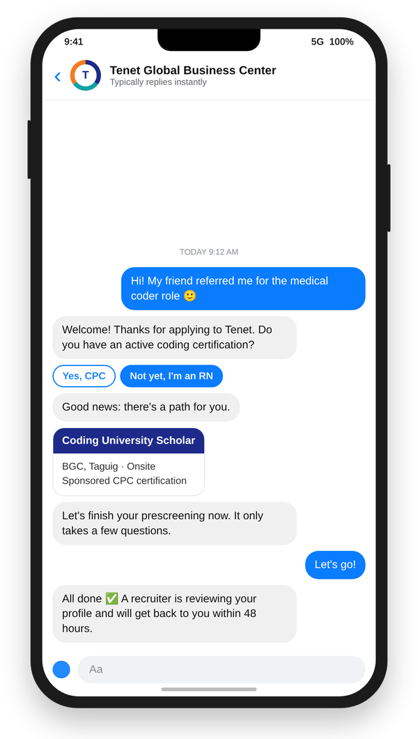 Görsel: tavsiye edilen bir hemşire Facebook Messenger üzerinden Tenet'e başvuruyor, Coding University Scholar programına yönlendiriliyor ve ön elemeyi sohbette tamamlıyor