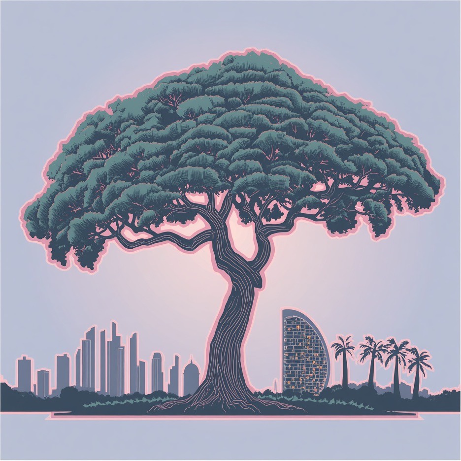 Screenprint illustration of the century-old fig tree at A Figueira Rubaiyat, with the Sao Paulo skyline behind it