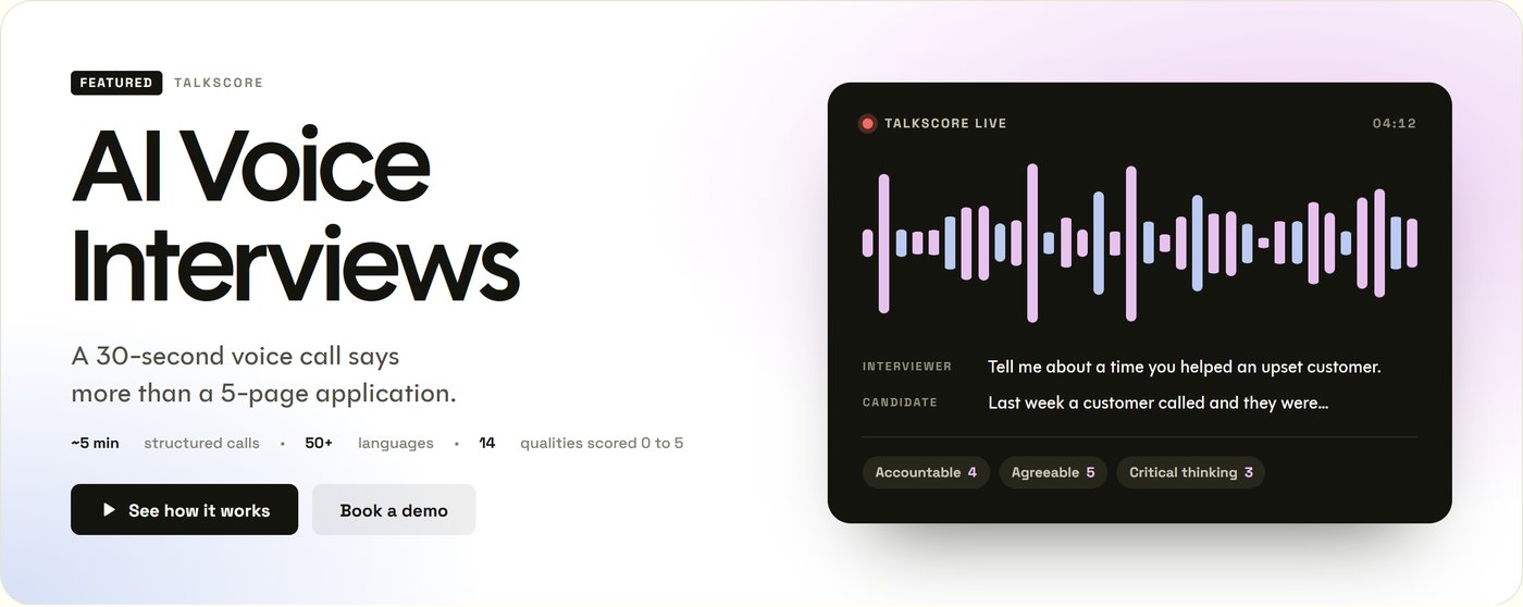 Feature Wall billboard: AI Voice Interviews, with a live TalkScore call