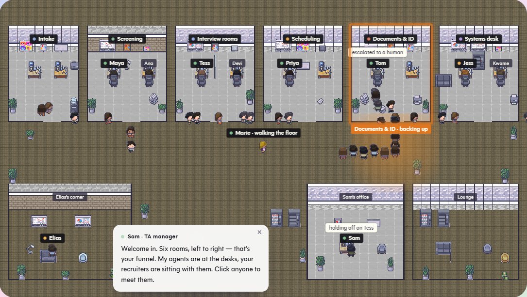 The Crew floor: rooms for intake, screening, interviews, scheduling, documents and systems, with AI agents at the desks