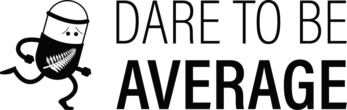 A capsule with arms and legs running to the right with the 'Dare to be Average' logo next to it 