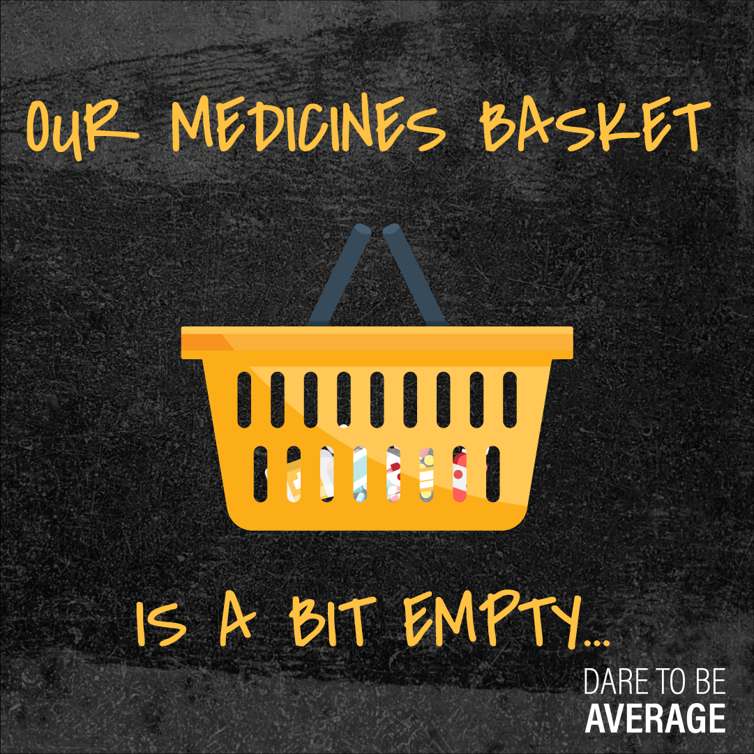 Graphic with text "Our medicines basket is a bit empty" showing a mostly empty orange shopping basket with a few pills inside on a dark textured background.