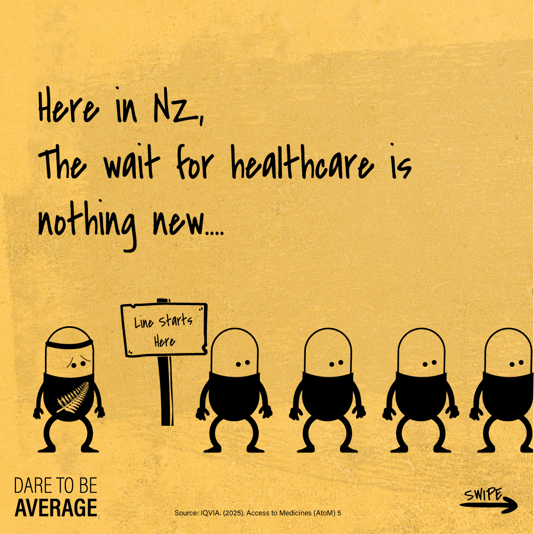 Illustration with a line of five black and beige characters next to a sign reading 'Line starts here' and text stating 'Here in Nz, The wait for healthcare is nothing new....' on a yellow background.