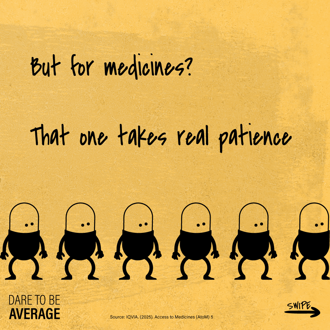 Graphic with text questioning medicines and stating ‘that one takes real patience’ above six simple cartoon pill characters on a textured yellow background.