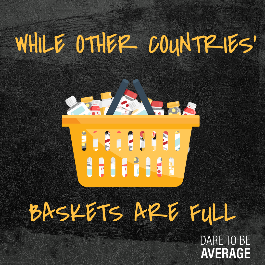 Yellow basket filled with various medicine bottles on a dark textured background with text saying 'While other countries’ baskets are full' and 'Dare to be average'.