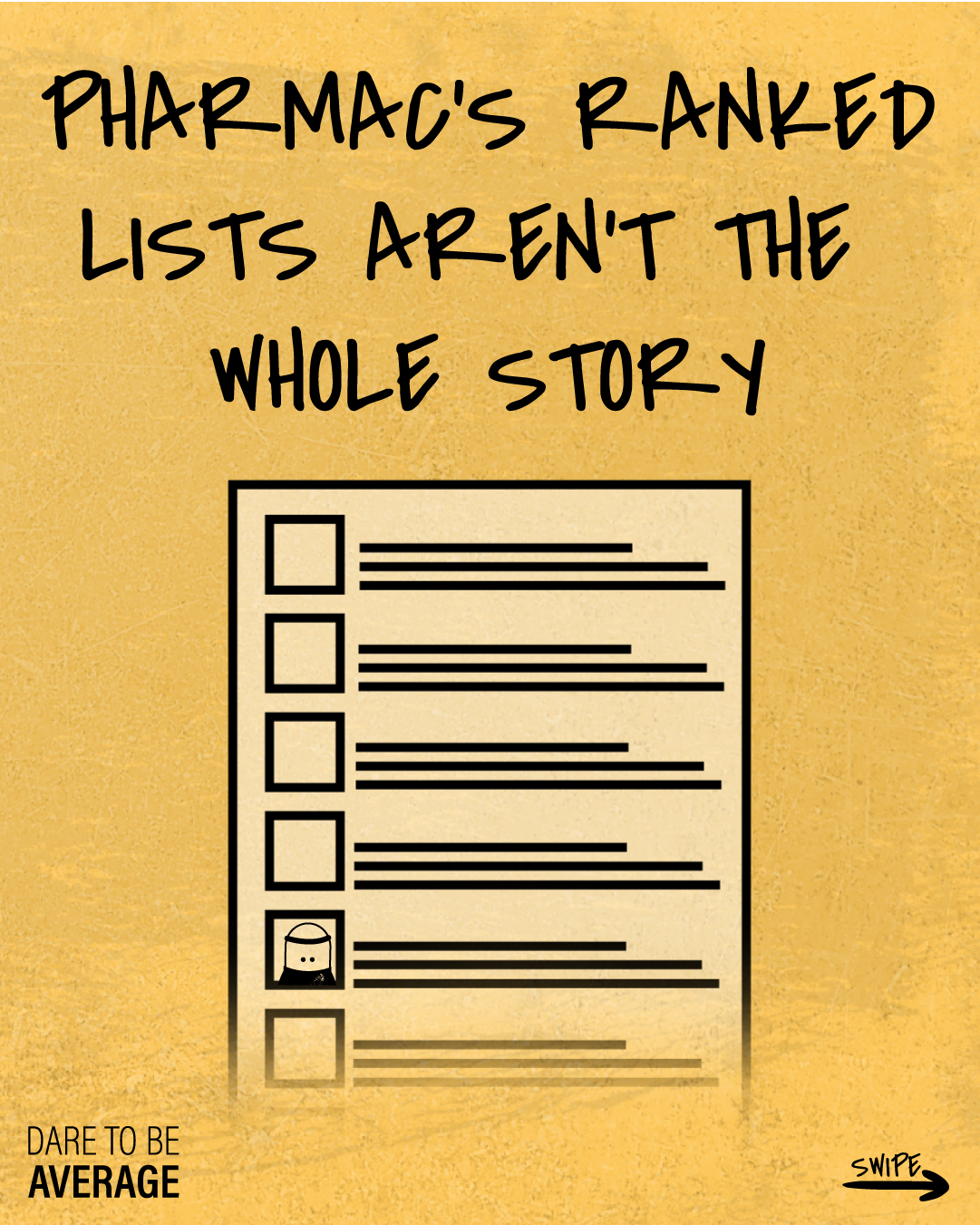 Text reading 'Pharma's ranked lists aren't the whole story' above a checklist with cartoon pharmacist icon in one box, on a textured yellow background.