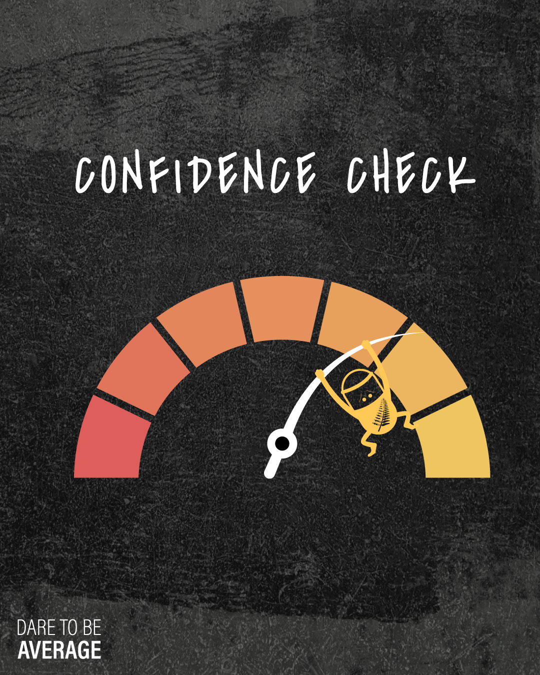 Meter labeled Confidence Check with needle pointing to medium-high confidence and a small figure holding onto the needle, on a dark textured background.