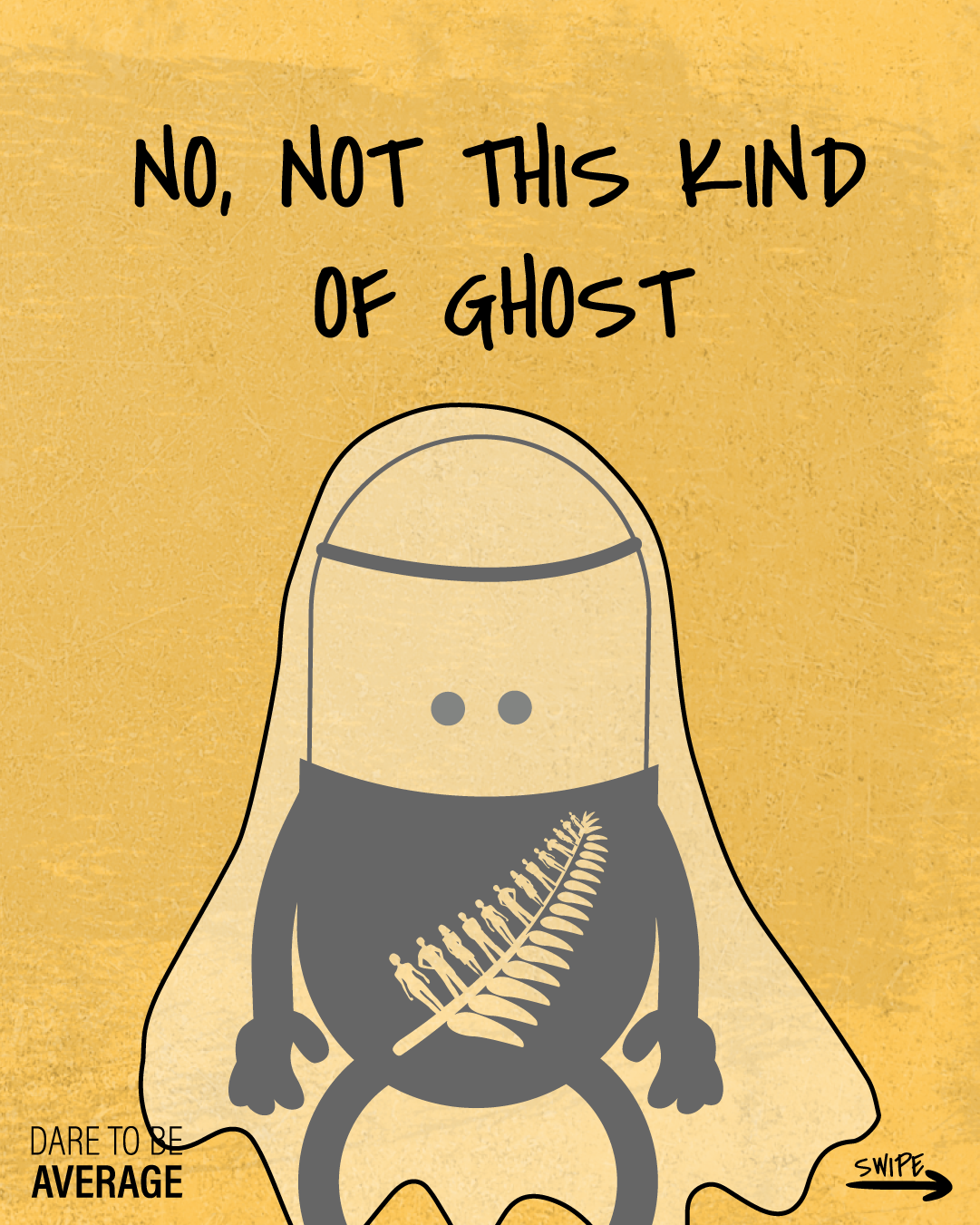 Cartoon ghost figure with a silver fern design of human silhouettes on its body and text saying 'No, not this kind of ghost'.