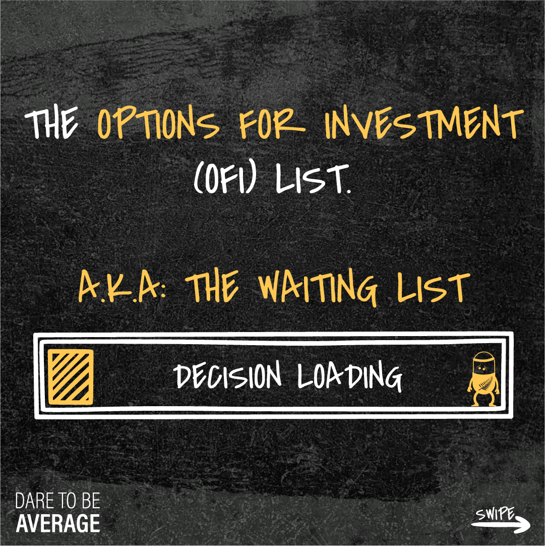 Text on textured black background reading: 'The Options For Investment (OFI) List. A.K.A: The Waiting List.' Below is a white rectangular loading bar with text 'Decision Loading' and a small Bill the Pill. Bottom left says 'Dare to be Average' and bottom right has a swipe arrow pointing right.