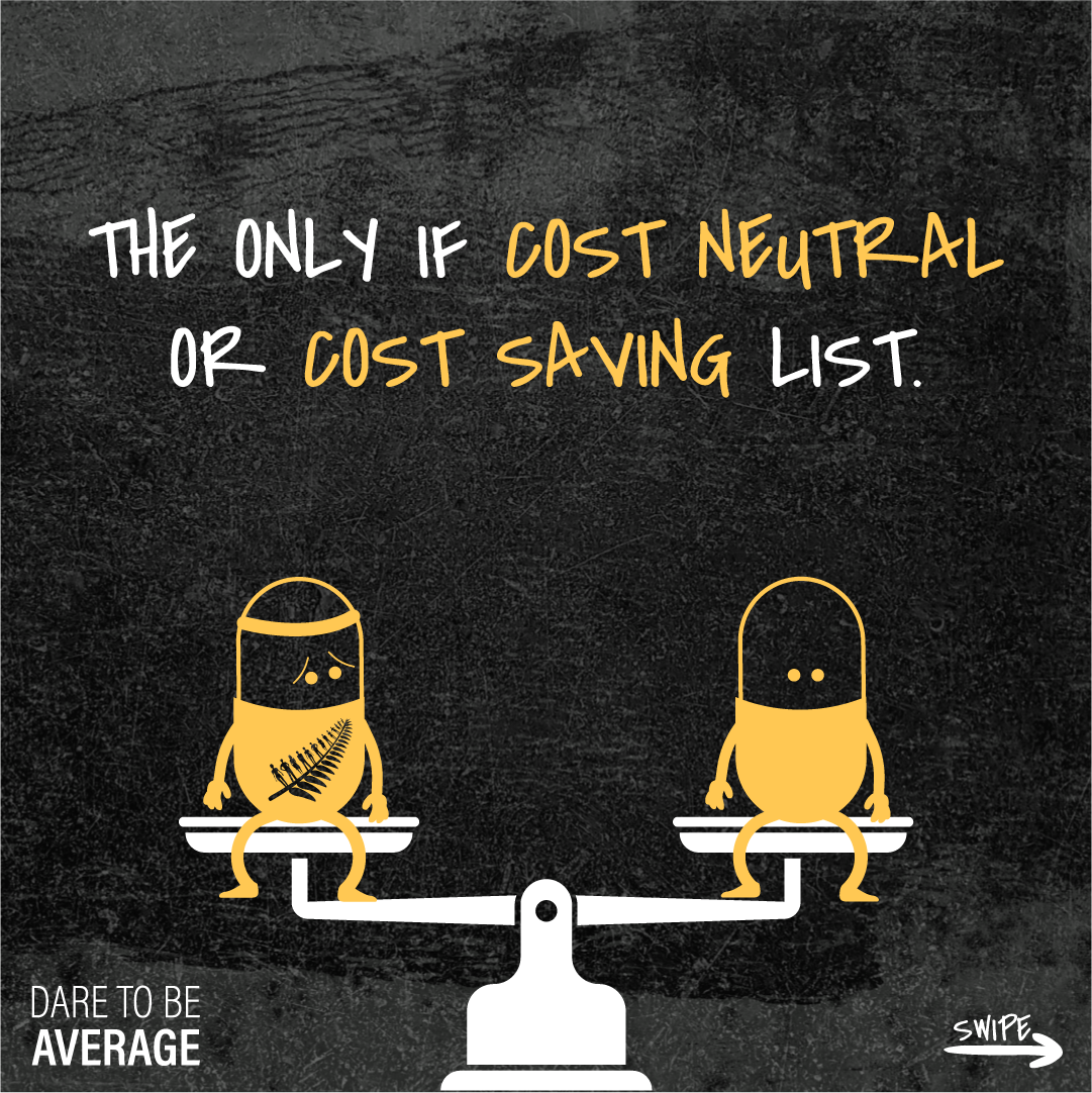Illustration of two yellow characters on a white balance scale with text reading 'The only if cost neutral or cost saving list.' and 'Dare to be average' on a dark textured background.