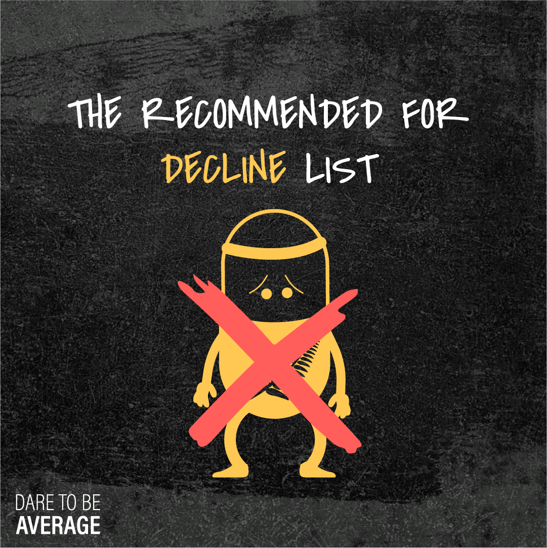 Graphic with text 'The Recommended for Decline List' and a sad Bill the Pill with a red cross over him, on a dark textured background.