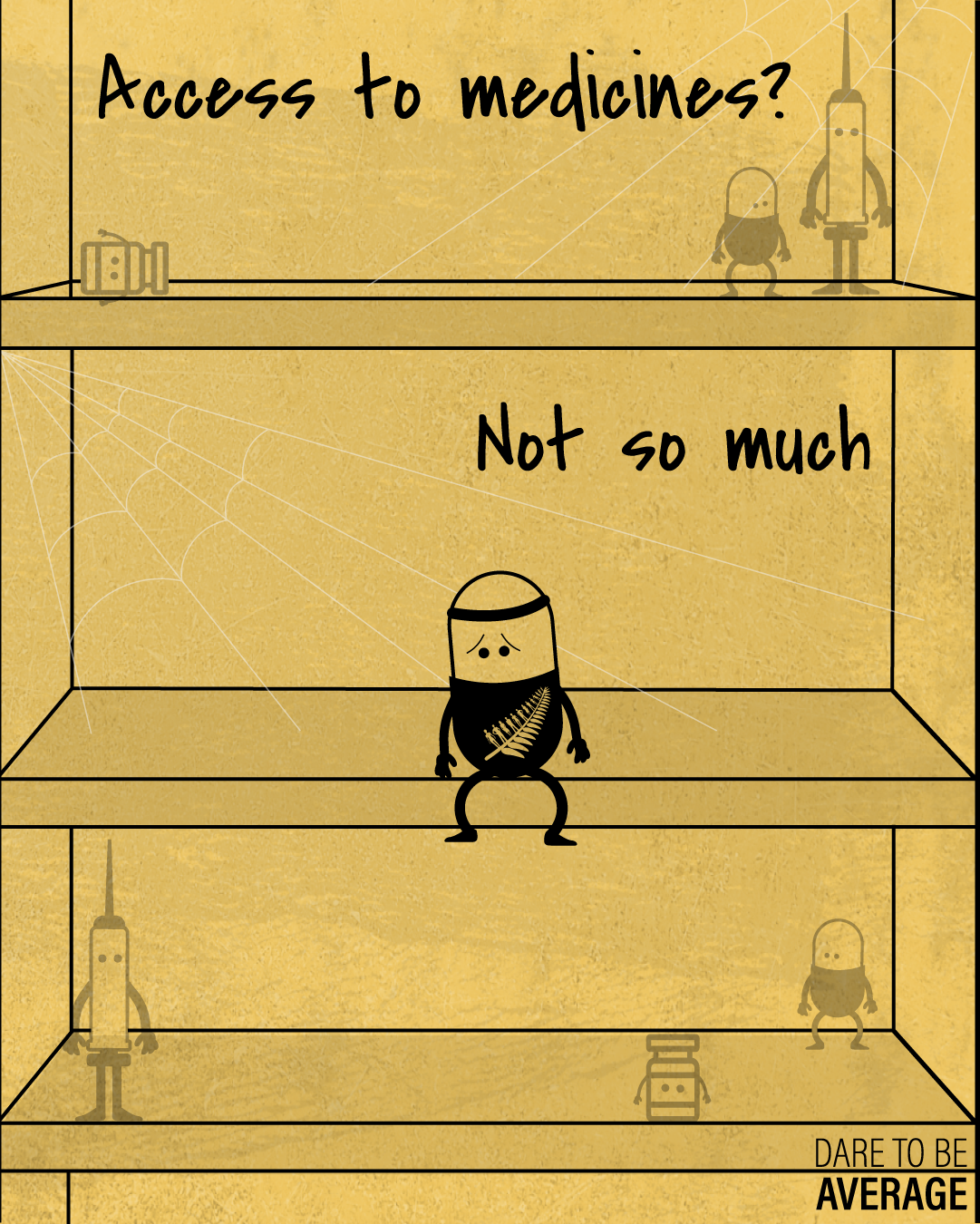 Illustration showing a sad pill character wearing a black shirt with a silver fern, sitting in an empty glass box with cobwebs and text saying 'Access to medicines? Not so much'.