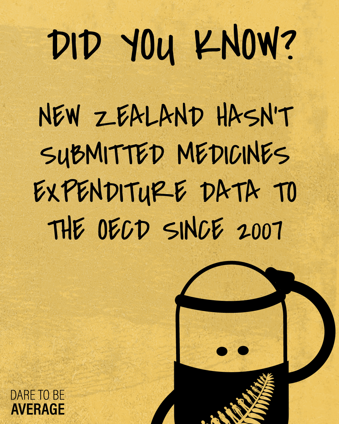 Text on yellow background stating New Zealand hasn't submitted medicines expenditure data to the OECD since 2007, with a cartoon character wearing a black mask featuring a silver fern.