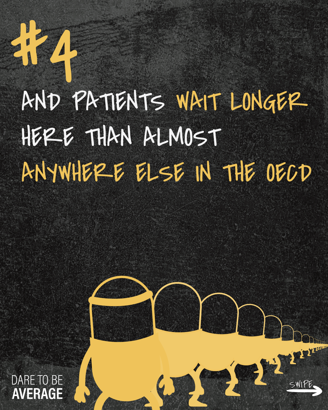 Text stating patients wait longer here than almost anywhere else in the OECD with a line of yellow cartoon figures wearing black visors on a dark background.