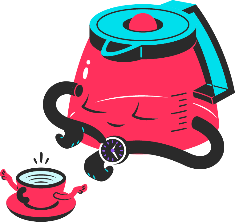 Ilustração de uma cafeteira com mãos apontando para seu relógio de pulso em frente a uma xícara.