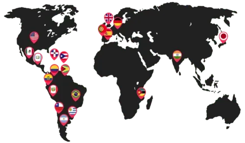 Um mapa mundi com pins marcando países onde clientes HeroSpark estão localizados - majoritariamente na América Latina e Europa
