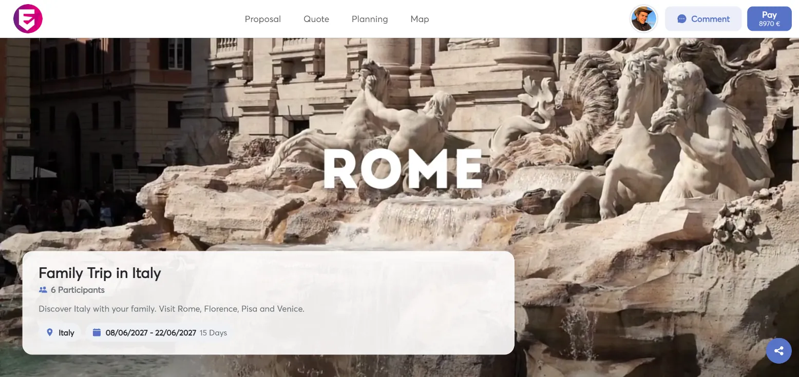 A real Ezus traveler area: the Family Trip in Italy sample, with the itinerary, quote, planning and map tabs and a Pay button