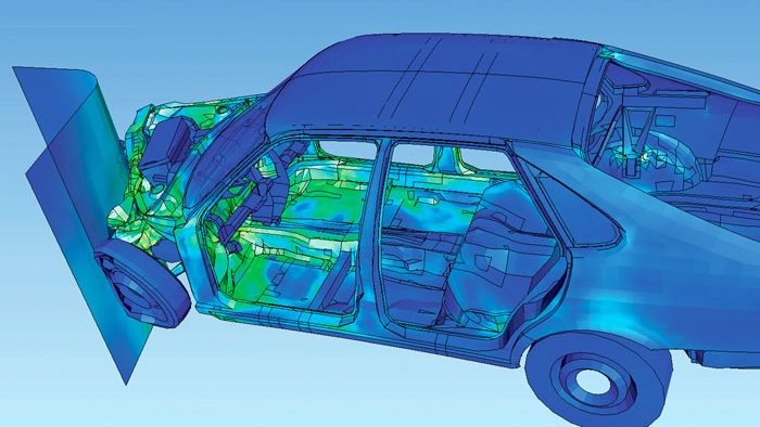 Visualization of how a car deforms in an asymmetrical crash using finite element analysis (FEA).