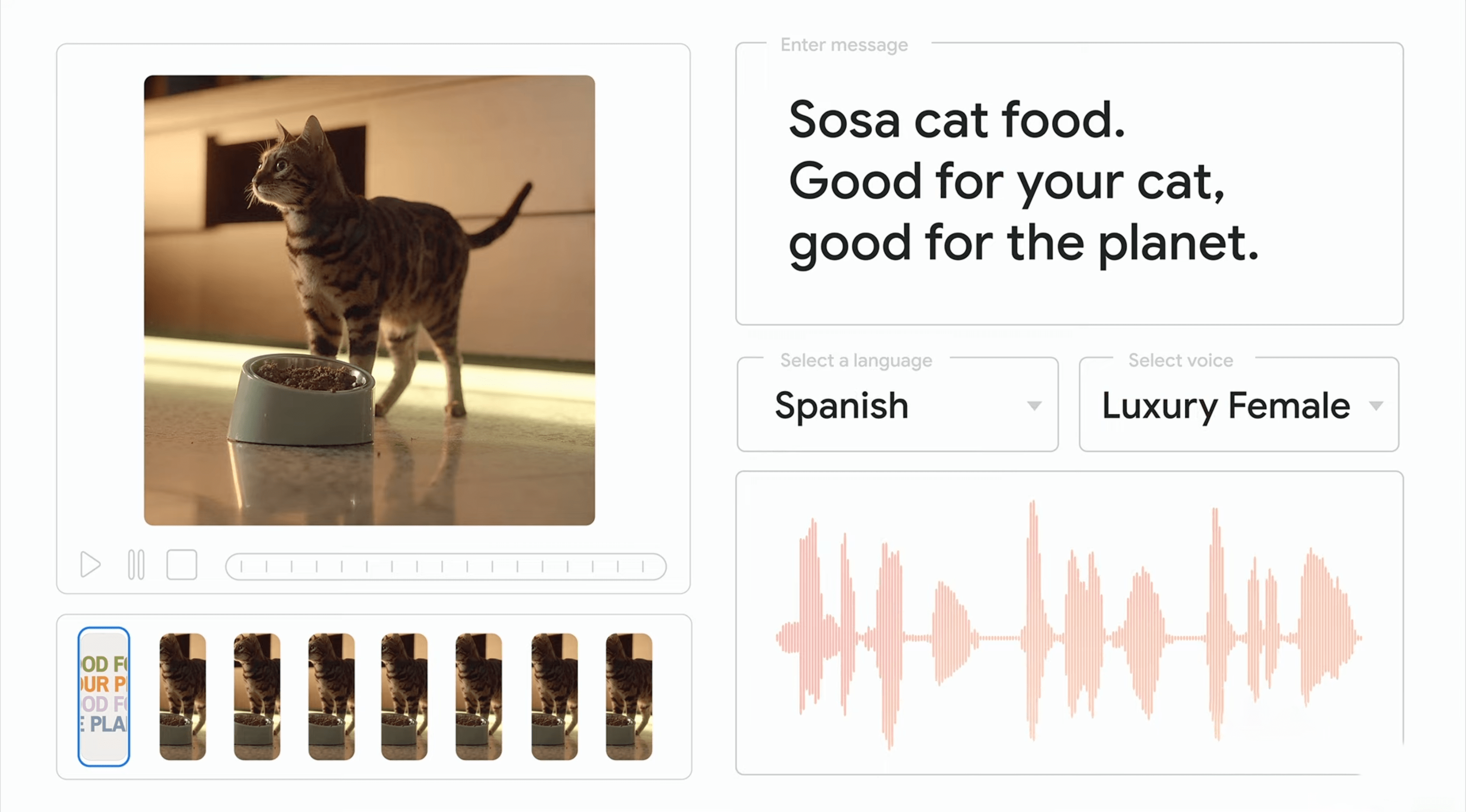 A screenshot of the new Google AI Tools for video showing the AI generated text Voiceover available in Spanish language and spoken by Luxury Female voice for Google Ads