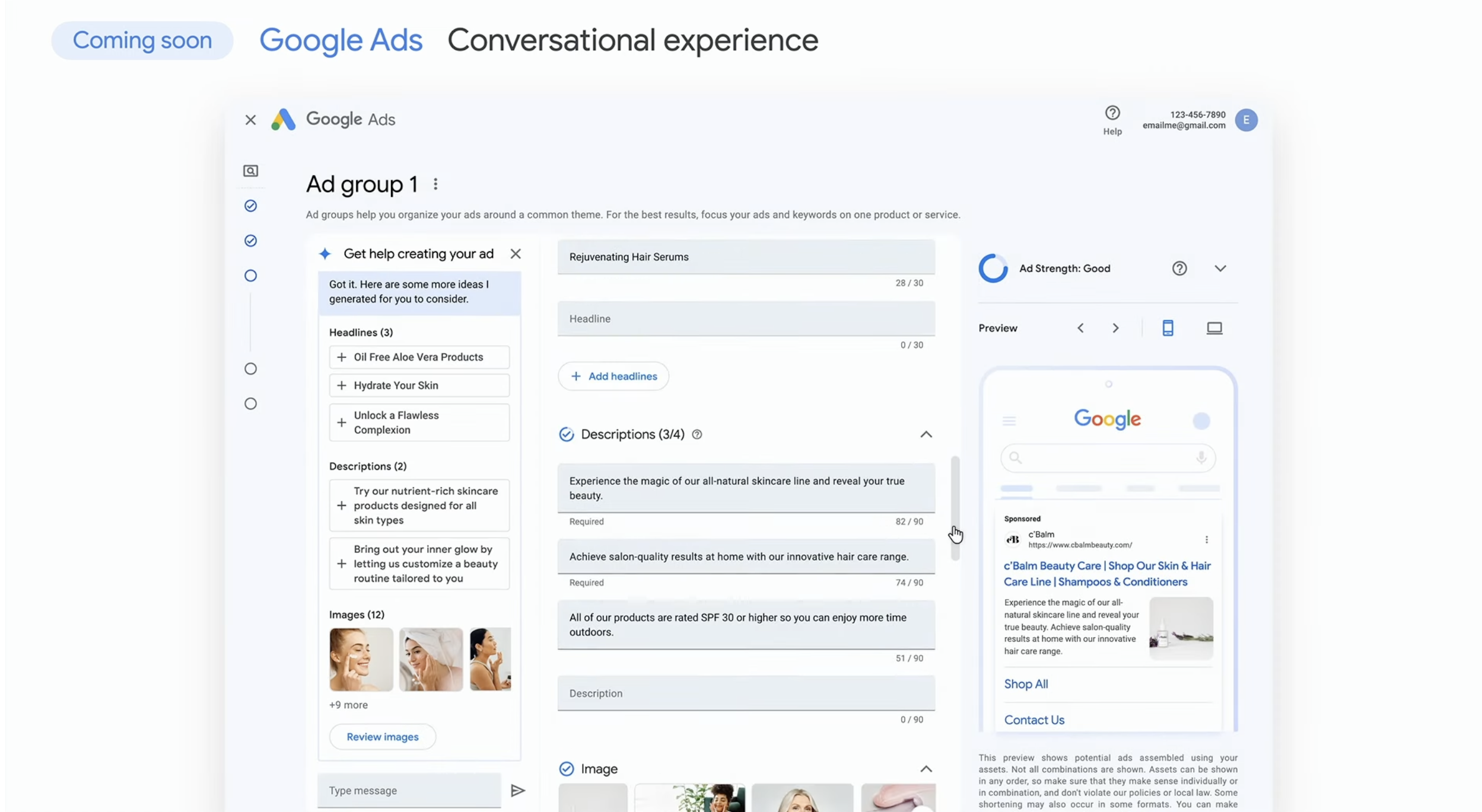 A screenshot of the new Google AI Tools called Conversational Experience for Google Ads