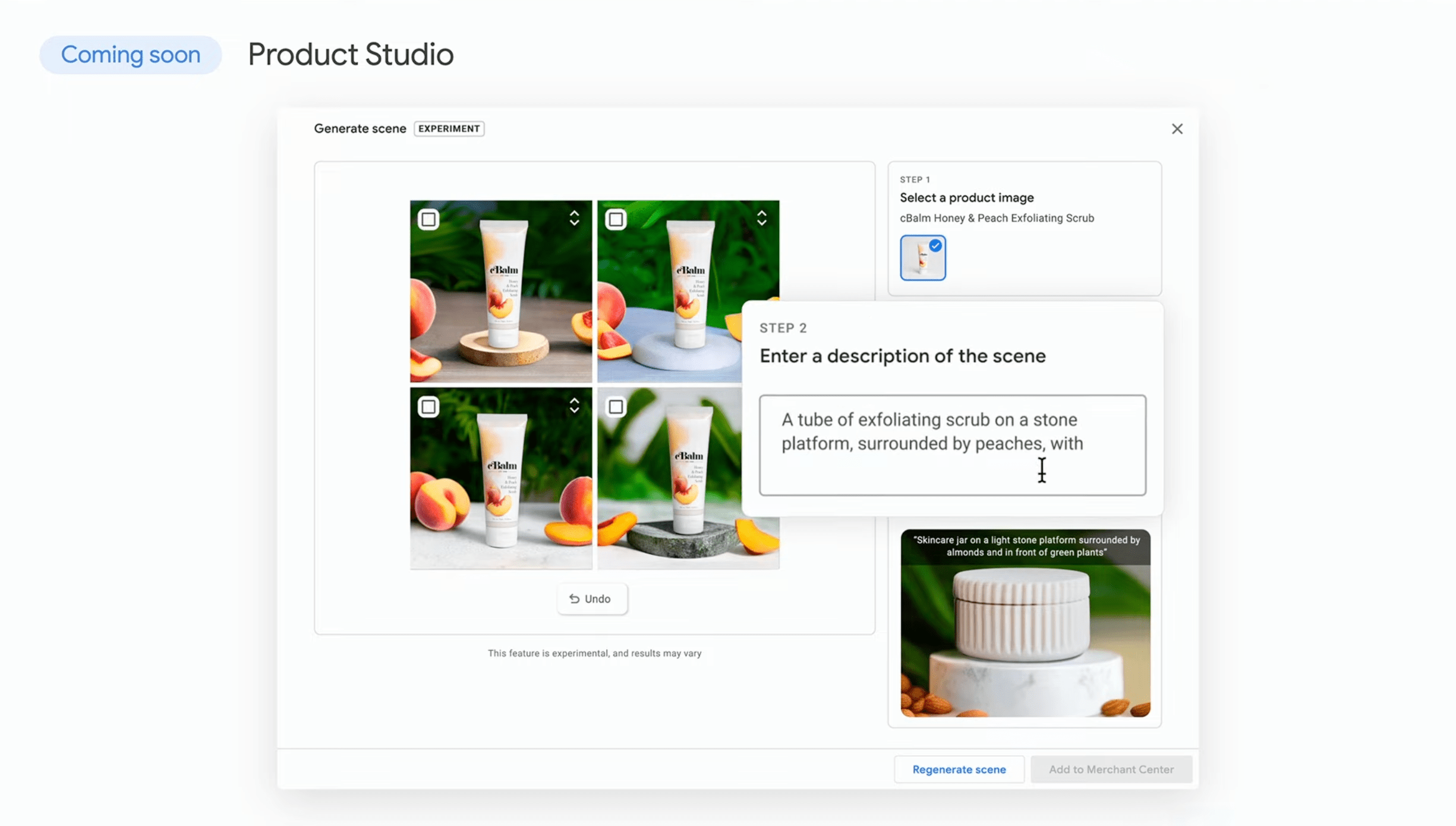 A screenshot of the new Google AI Tools called Product Studio for generating photoshoot lifestyle images for Google Ads