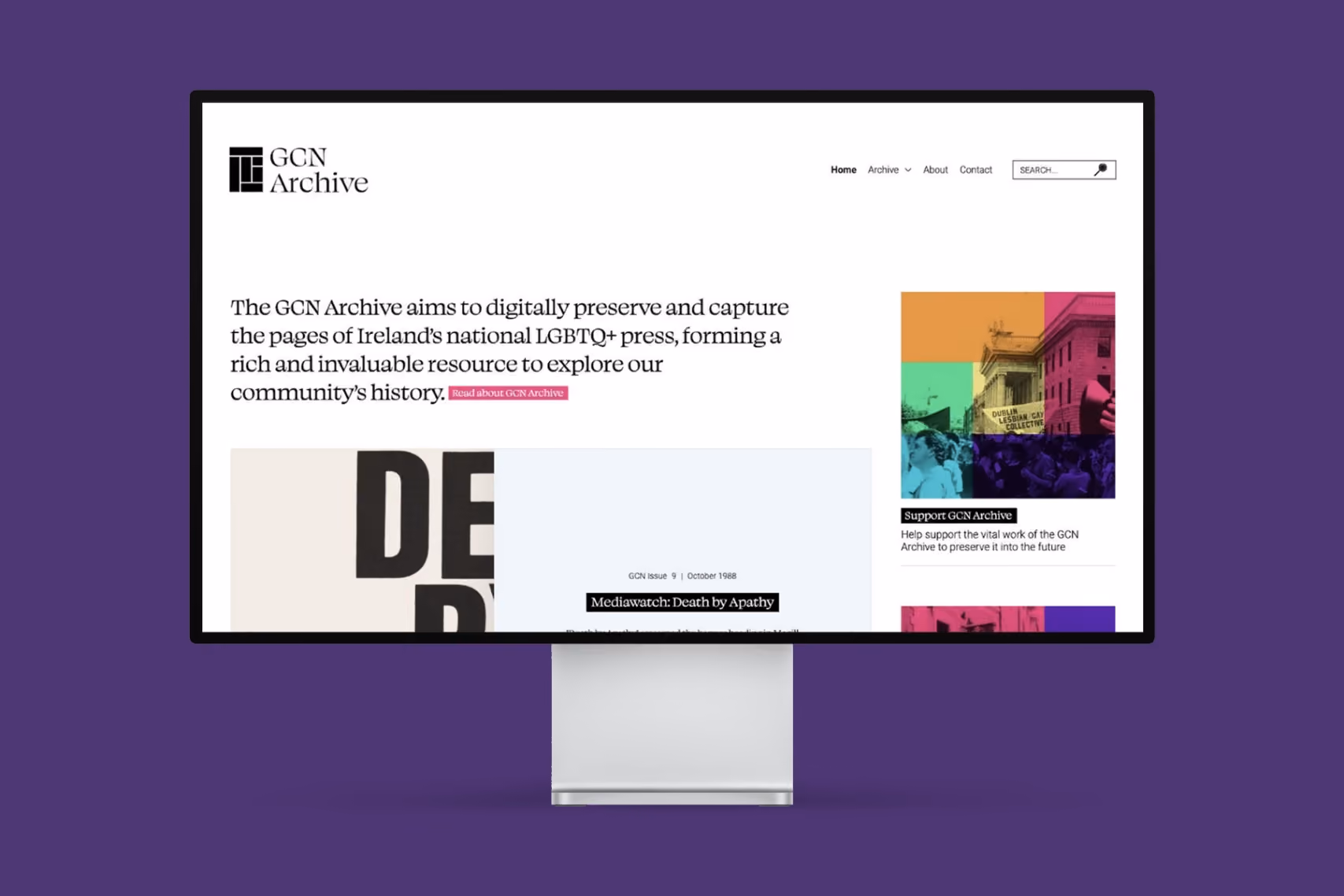 The GCN Archive homepage displayed on a desktop monitor against a purple background.