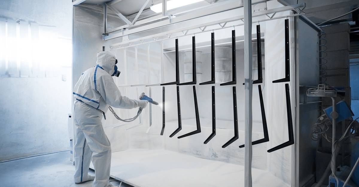 A technician in a protective suit powder coating black metal parts inside an industrial paint booth.