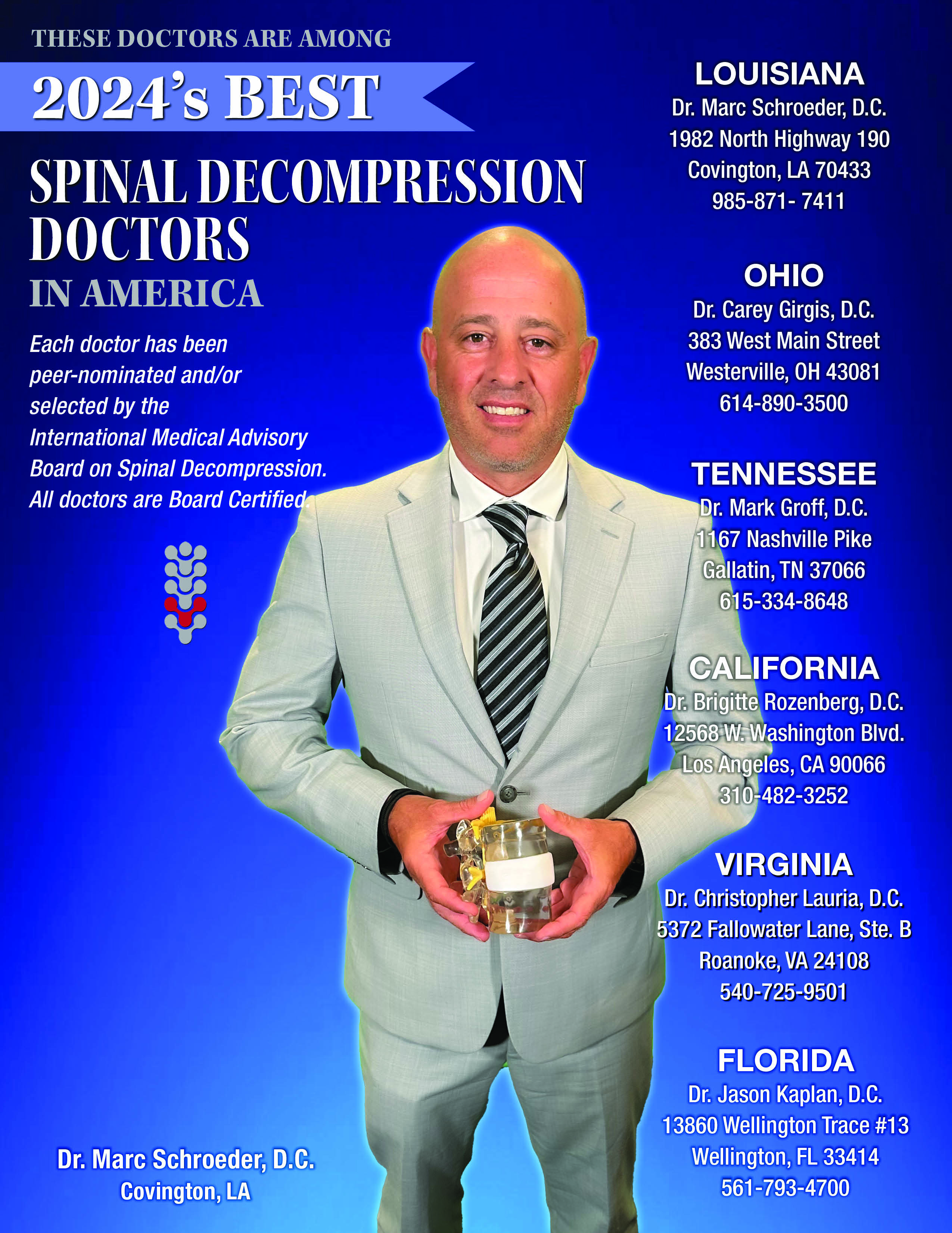 Magazine cover with Dr. Marc Schroeder being award 2024's Best Spinal Decompression Doctors in America. 