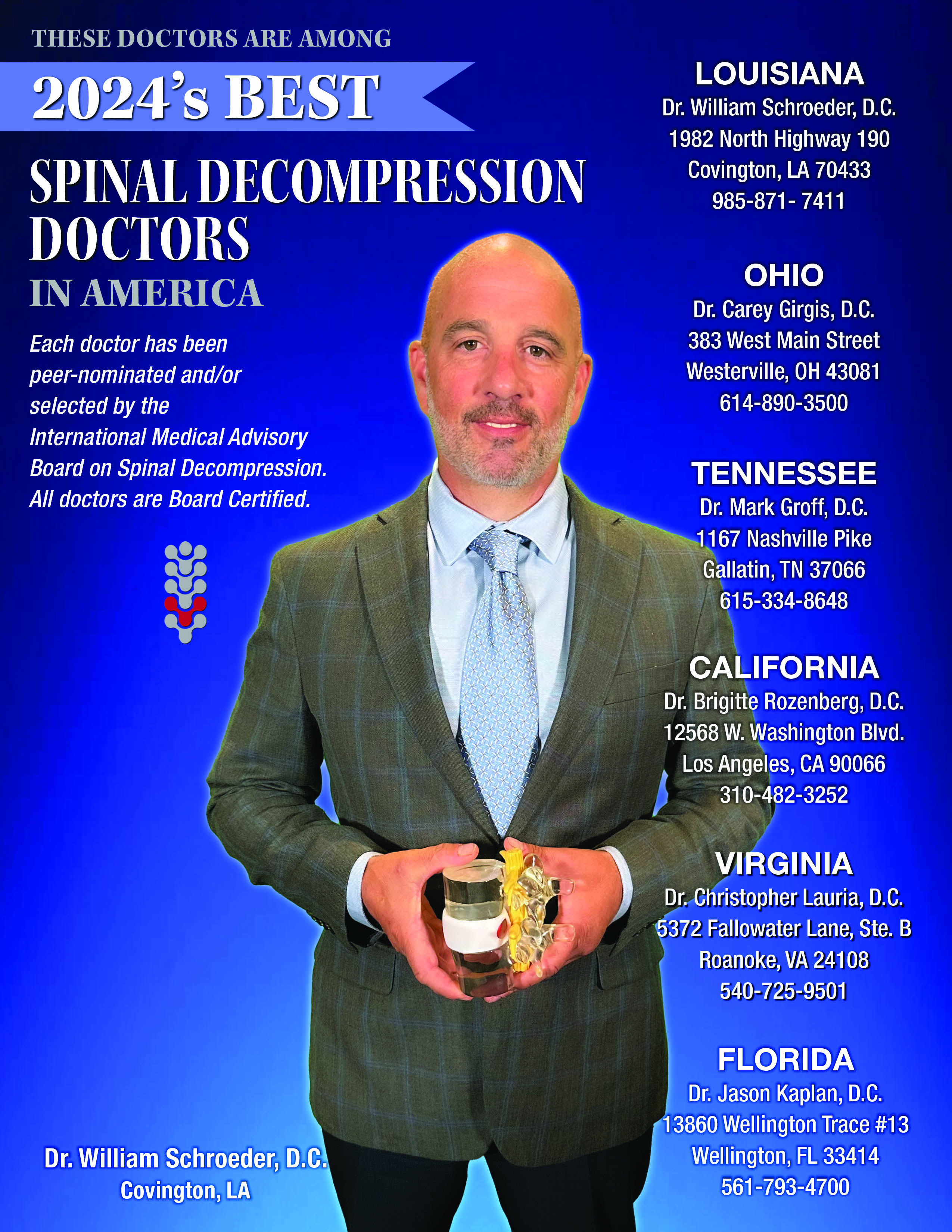 Magazine cover with Dr. Scott Schroeder being award 2024's Best Spinal Decompression Doctors in America. 