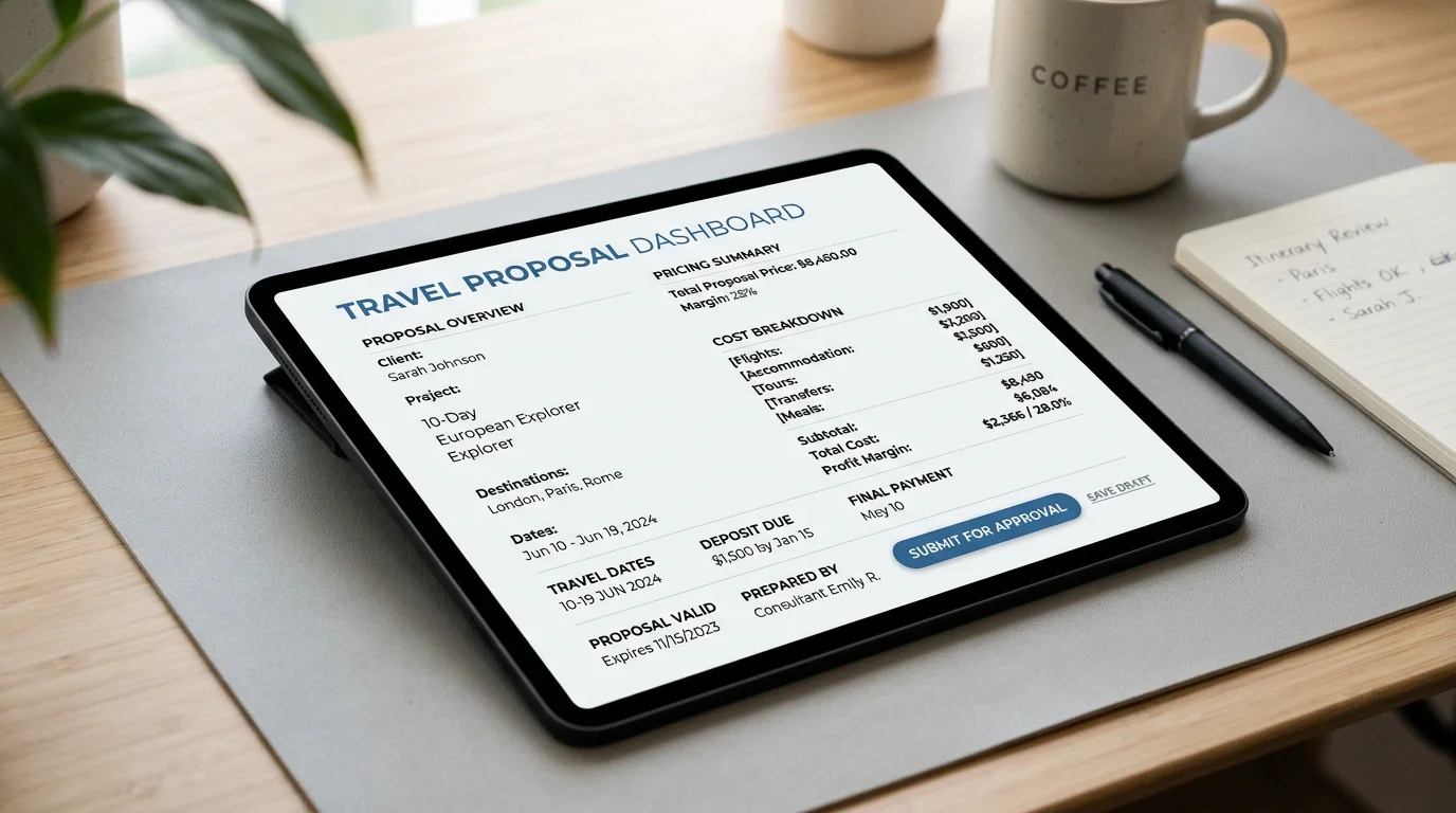 Tablet showing a travel proposal and margin dashboard