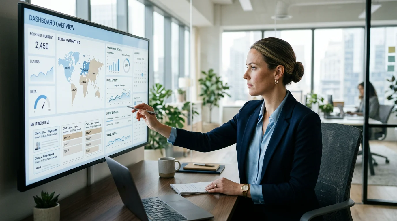 Travel agency manager reviewing an operations dashboard on screen